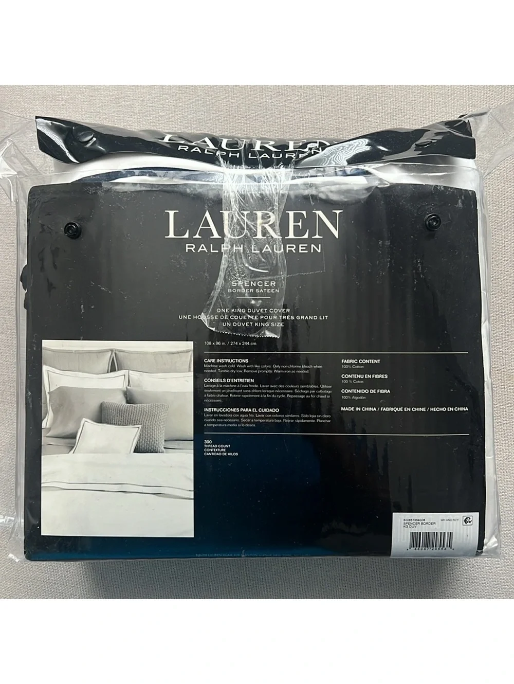 Lauren Ralph Lauren Spencer Sateen Border King Duvet Cover in White/Navy NEW